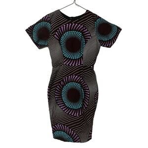 Ray Darten African Abstract Short Sleeve Tie Neck Knee Length Sheath Dress - S